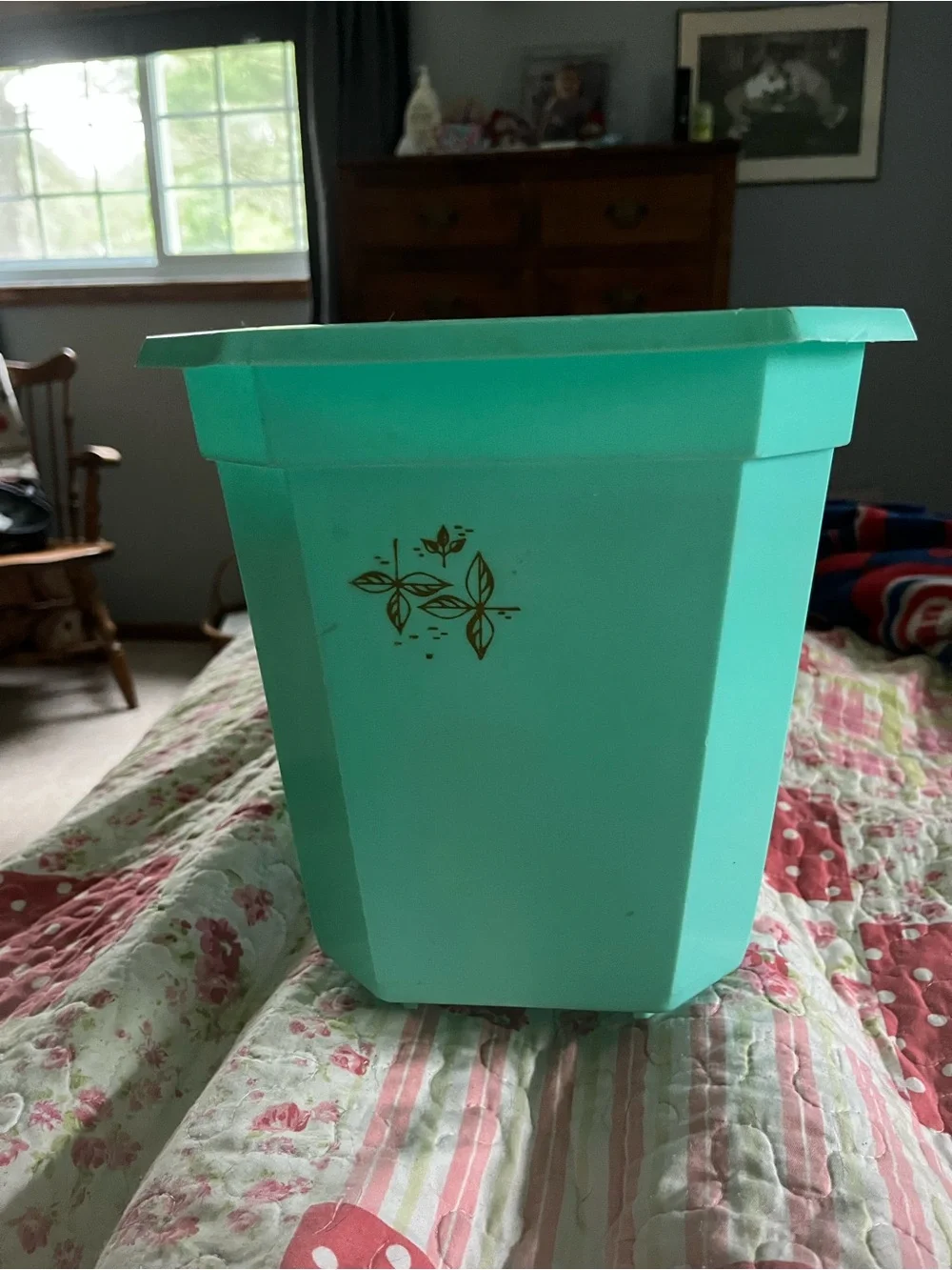 Aqua Plastic Vintage Trash Can with Gold Leaf Accent